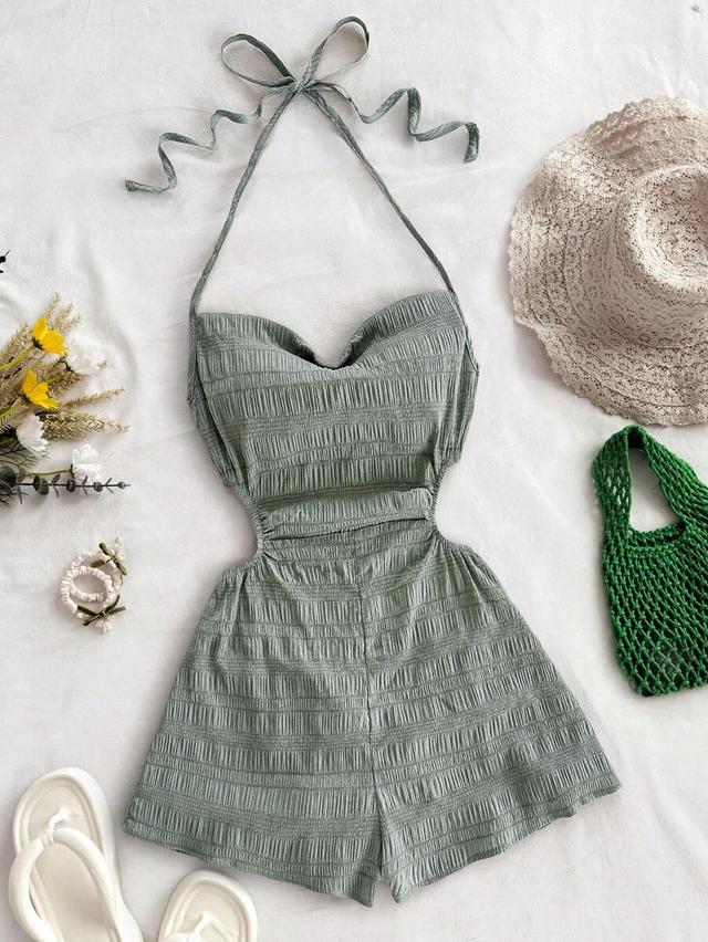 sage green textured halter playsuit with cut-out waist