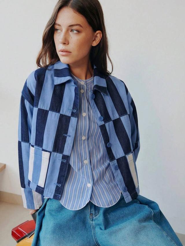 patchwork striped denim button-up jacket