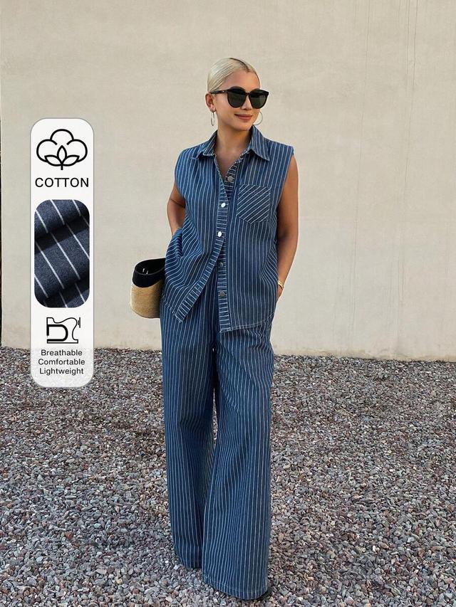 blue pinstriped sleeveless button-down shirt and matching wide-leg trousers