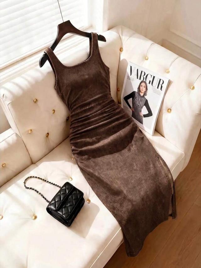 brown corduroy sleeveless midi dress with side ruching