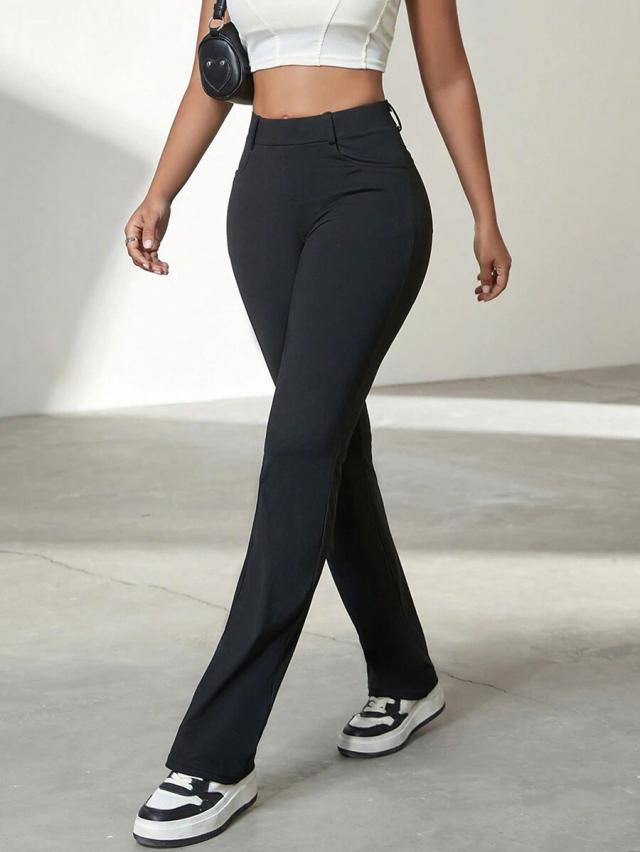 high stretch black slim straight leg trousers