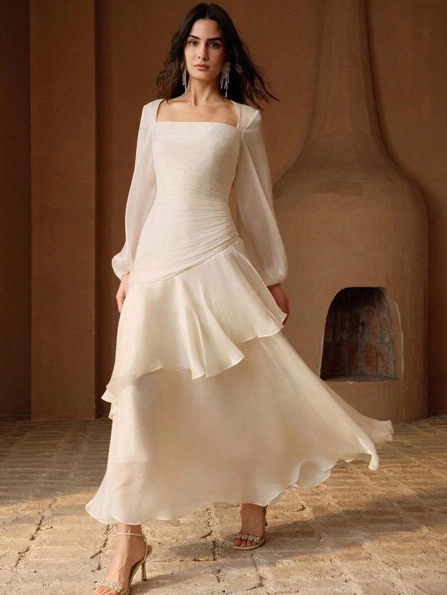 elegant white satin square neck pleated long sleeve dress
