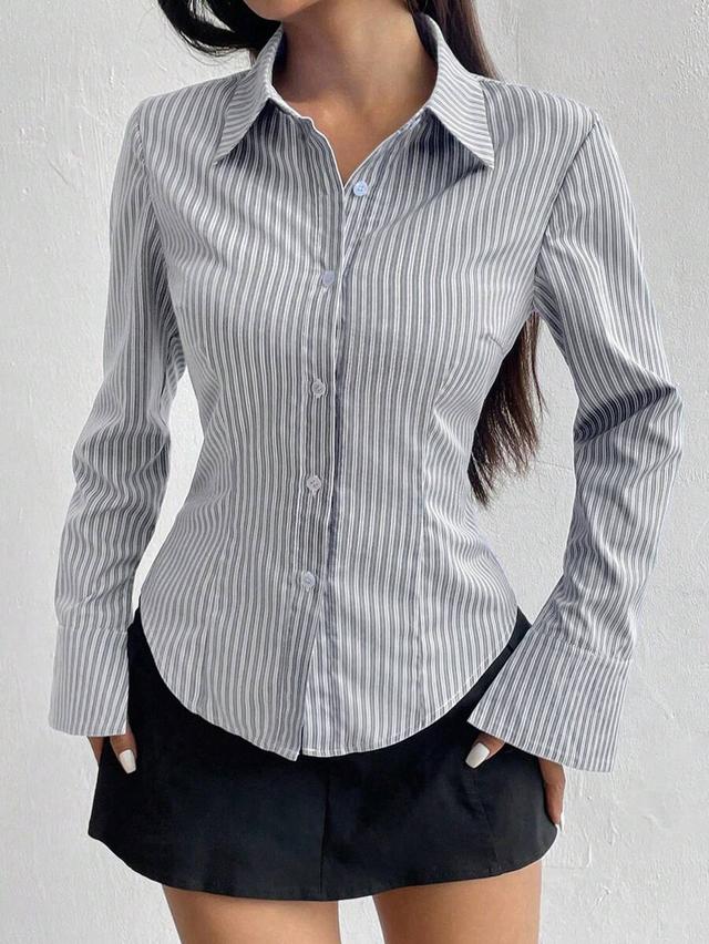 slim fit grey and white striped button-up shirt