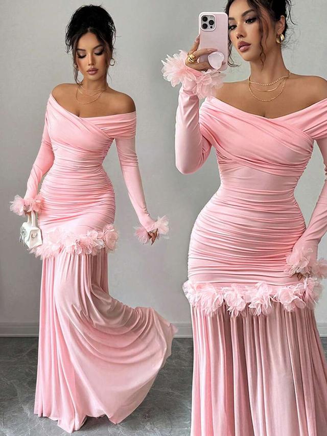 soft pink off-shoulder ruched floral trim maxi dress