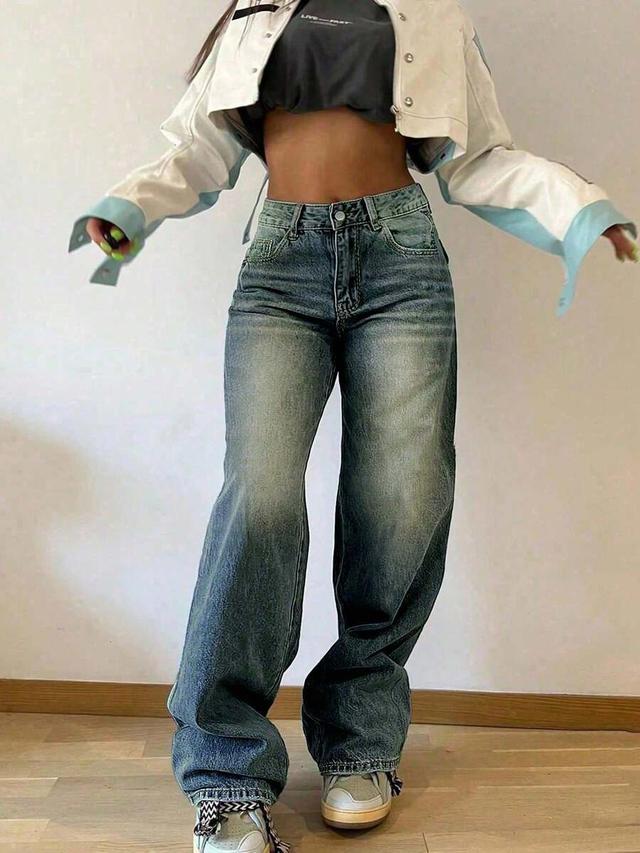 vintage wash wide leg denim jeans
