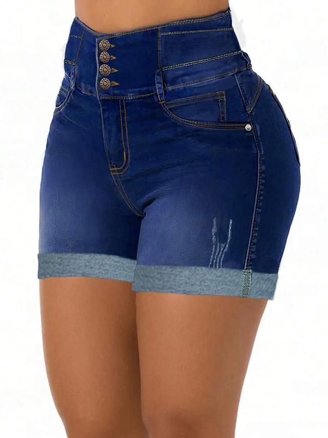 high-waisted dark wash denim shorts with button fly