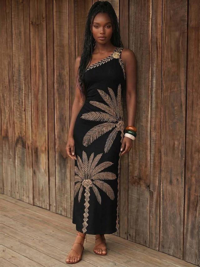 cajuni vacation casual coconut tree print one-shoulder dress