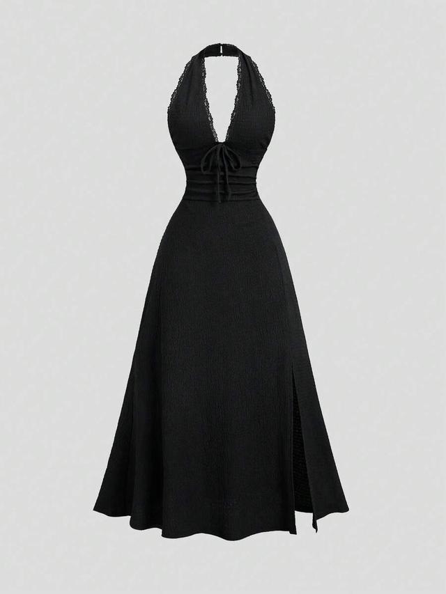 vintage black textured lace embellished halter neck dress