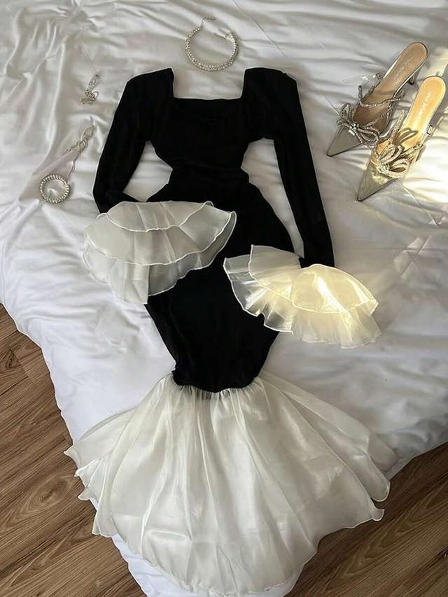 elegant black and white color block mermaid dress