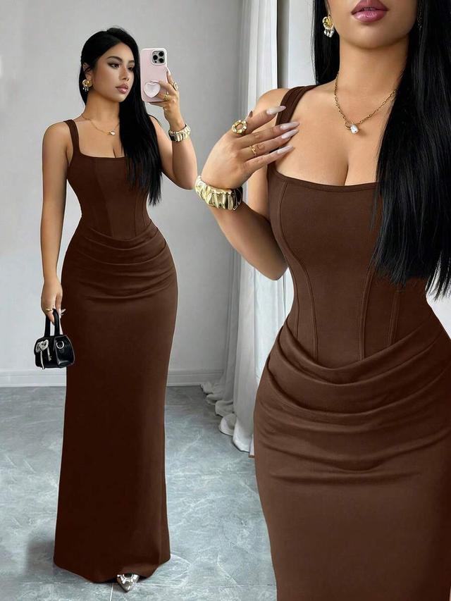 dark brown square neck corset waist drape gown