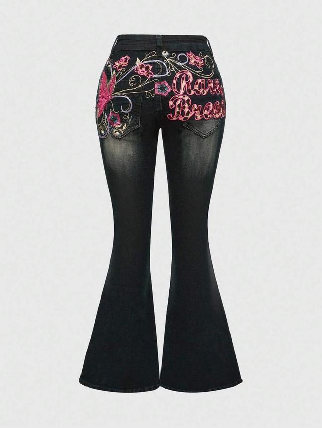 black distressed butterfly embroidery flared jeans