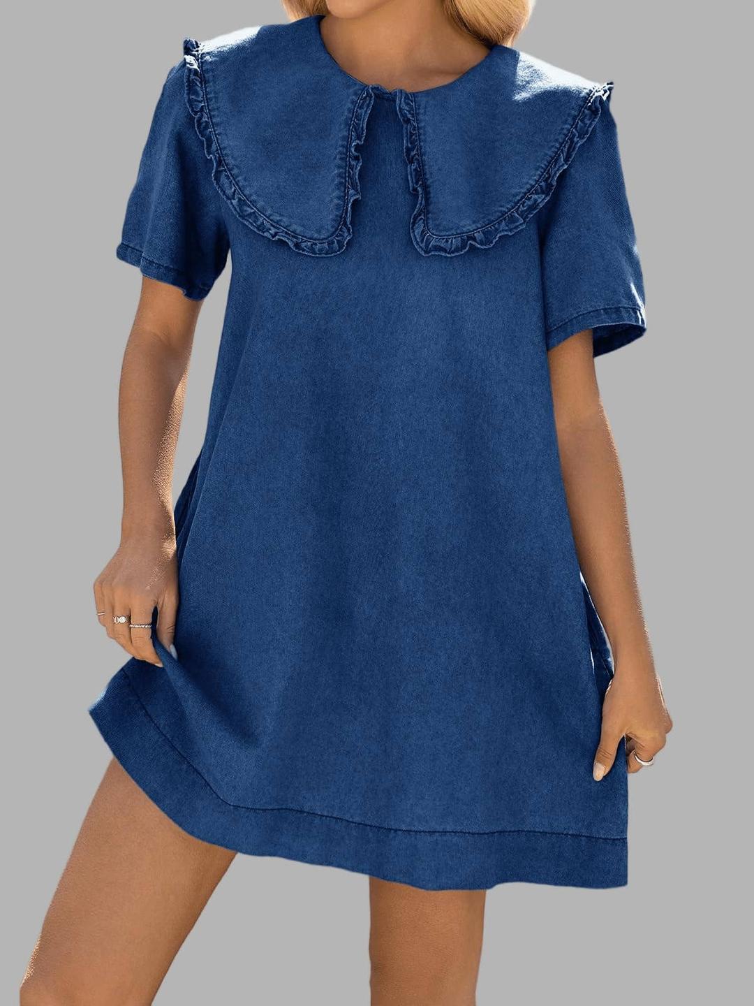 women's casual oversized denim babydoll dress with ruffled collar