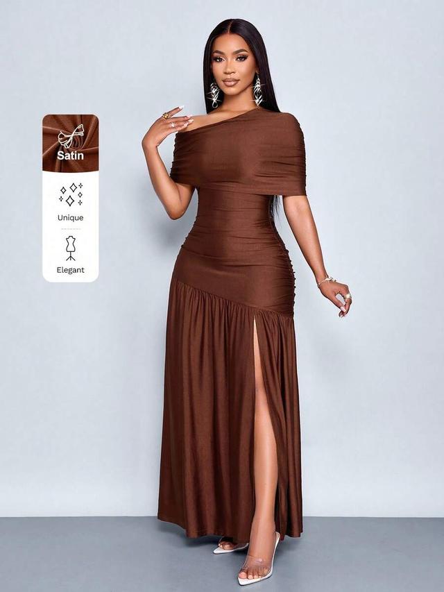 coffee brown satin one shoulder gathered maxi dress