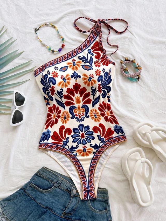 off-white floral printed asymmetrical bow-tie bodysuit