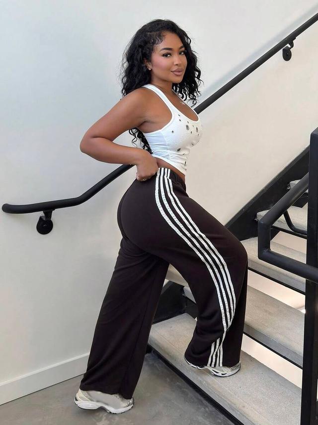 chocolate brown wide leg sweatpants with side stripe