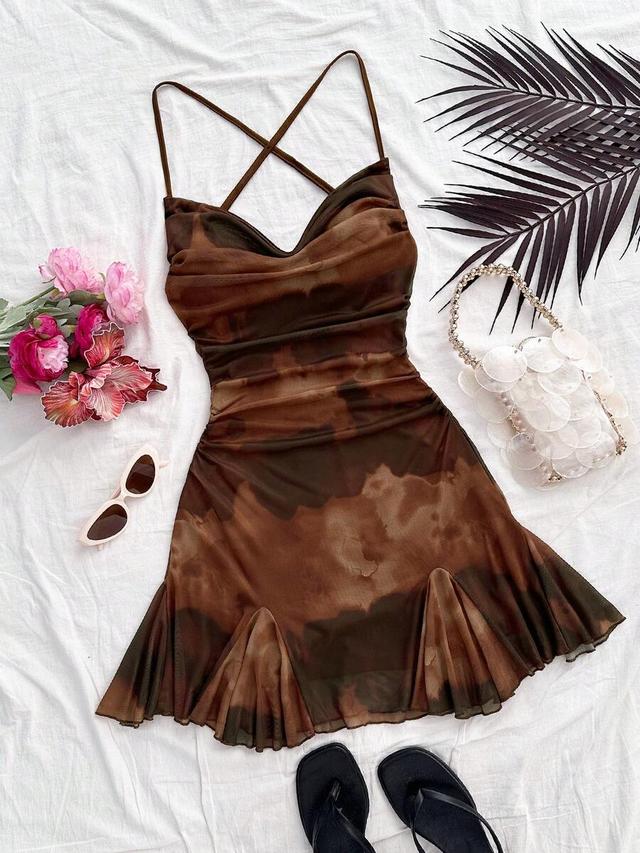 brown tie-dye draped neck backless mini dress