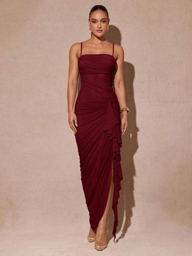 burgundy ruched bodycon maxi dress with ruffle slit