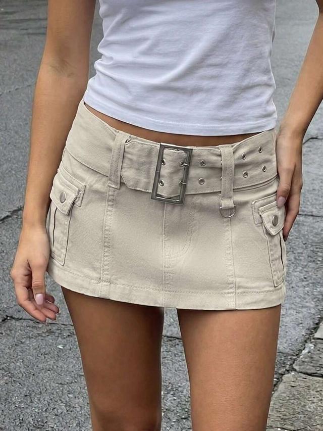 beige cotton twill cargo mini skirt with belt