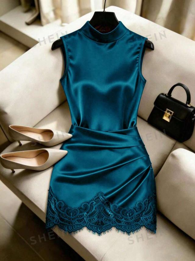teal satin mock neck dress with lace hem