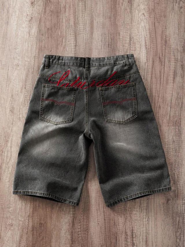 grey denim straight leg embroidered shorts