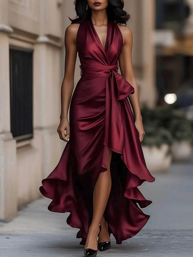 burgundy satin high-low wrap dress