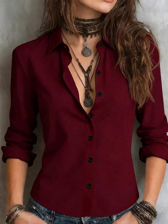 women's solid burgundy long sleeve collared shirt