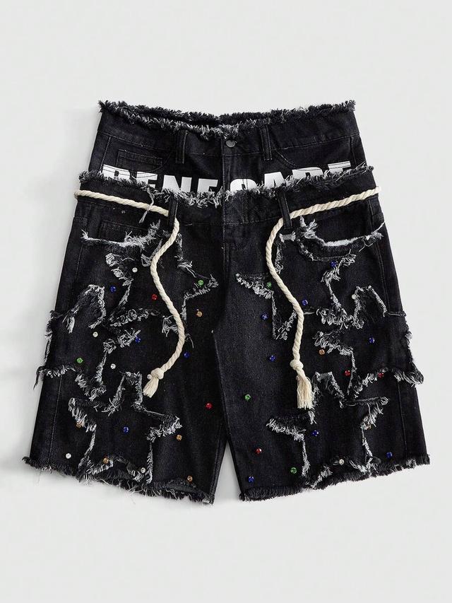 men's black denim shorts with double waistband and rhinestones