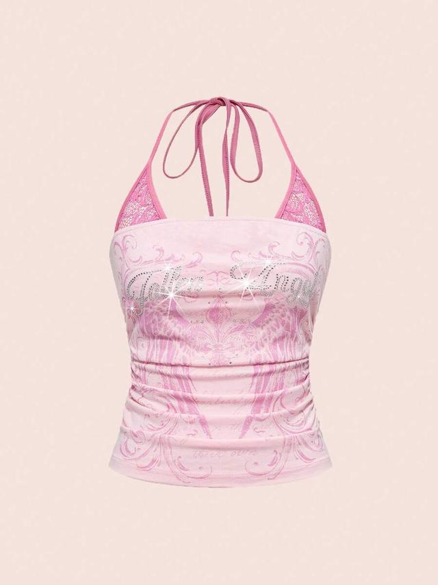 pink halter top with lace trim and graphic print