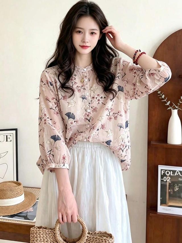 loose retro ditsy floral v-neck 3/4 sleeve blouse