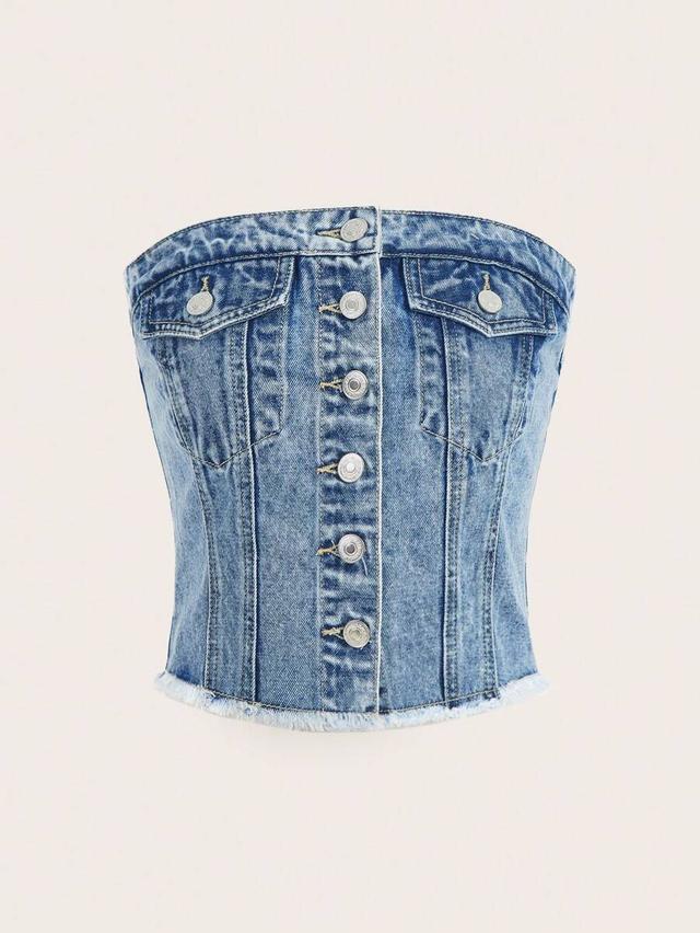 raw hem button front denim tube top