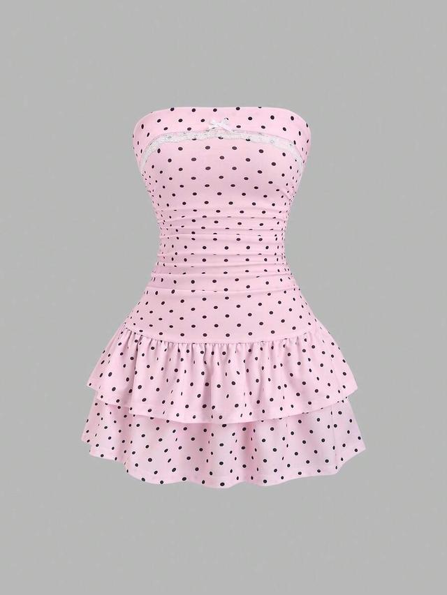 pink polka dot strapless tiered mini dress