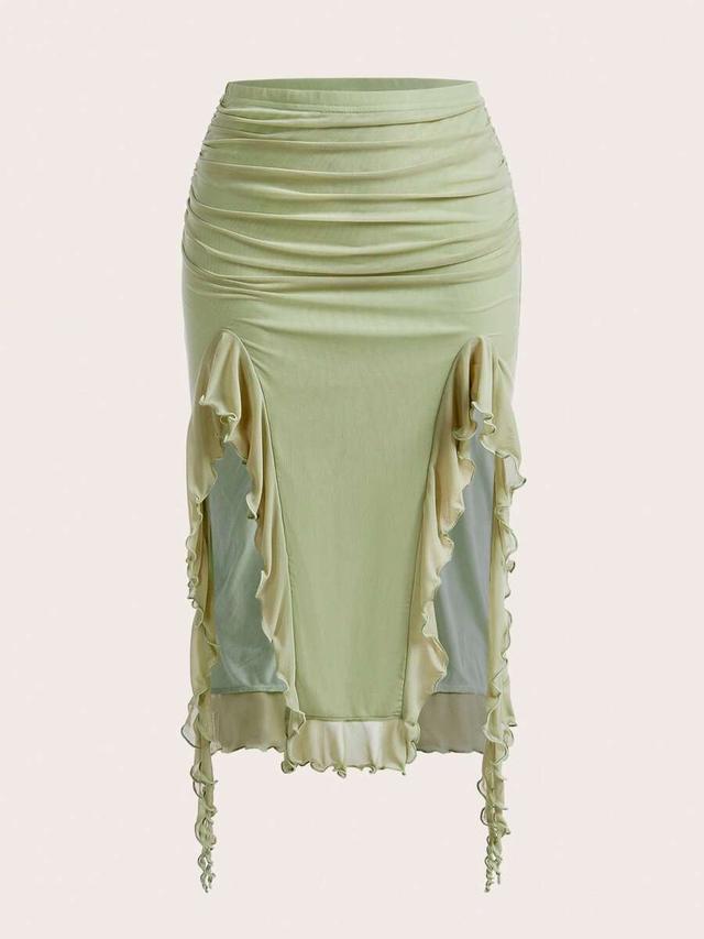 sage green ruched ruffle hem midi skirt