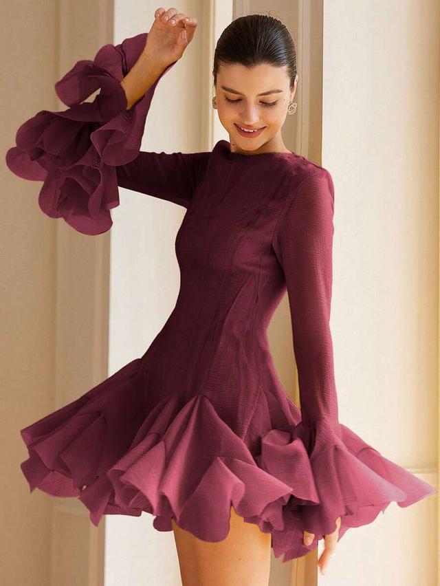 burgundy textured flounced hem flare sleeve short dress