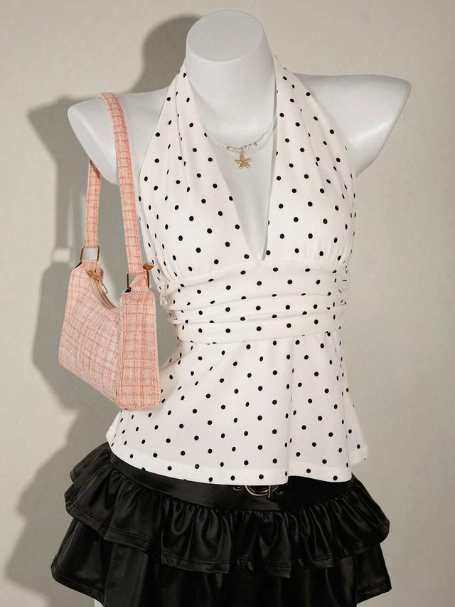 white polka dot halter neck ruched camisole