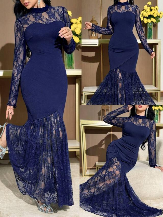navy blue lace patchwork fishtail hem fitted dress