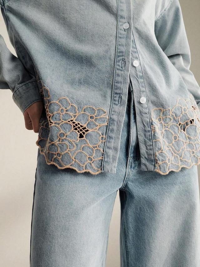 hollow-out embroidered light blue denim shirt