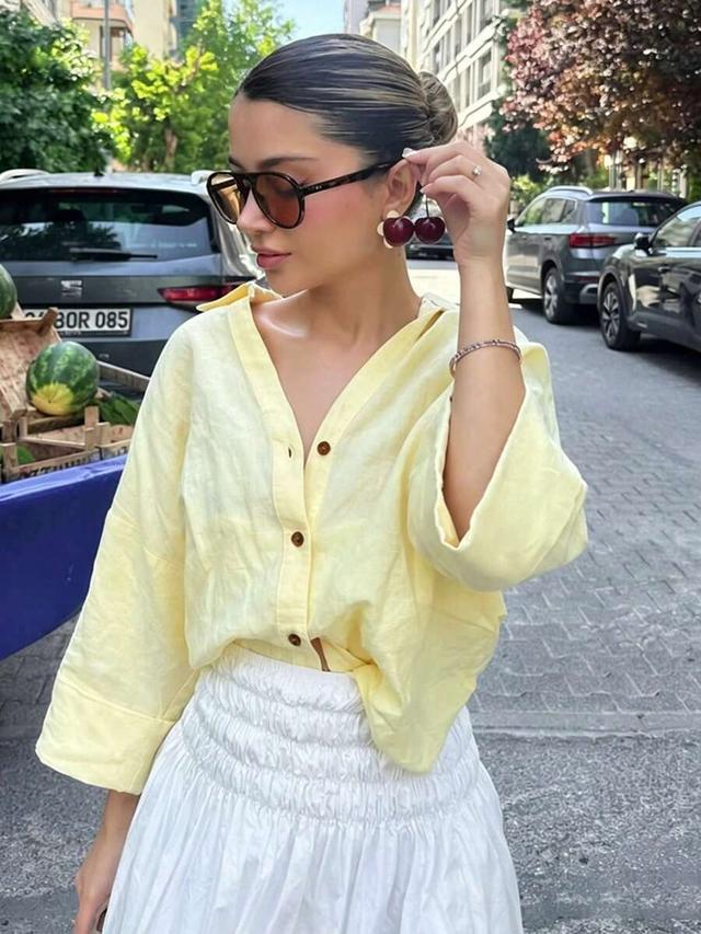 buttercup yellow casual linen blend button-up shirt