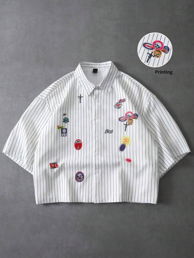 white striped short sleeve shirt with letter print patches