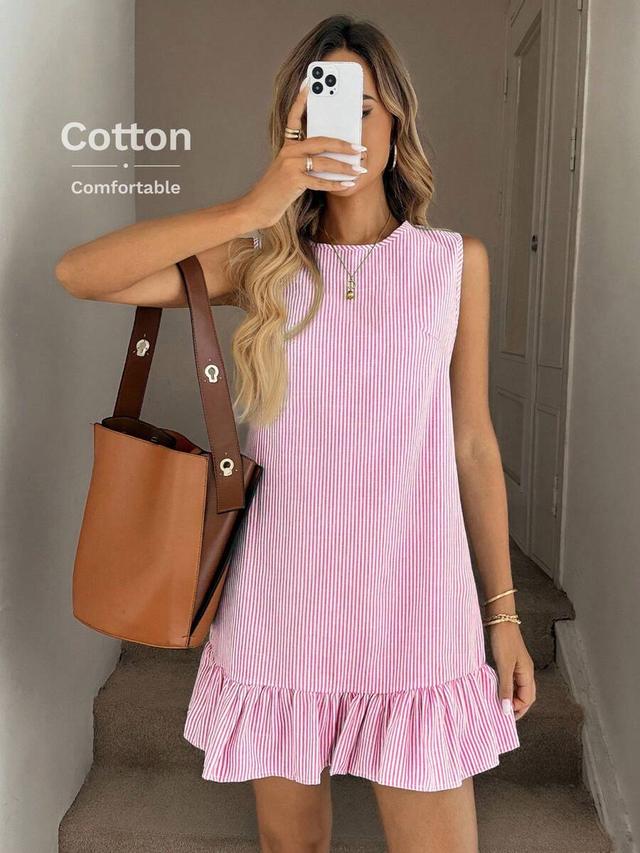 pink and white striped sleeveless ruffle hem dress