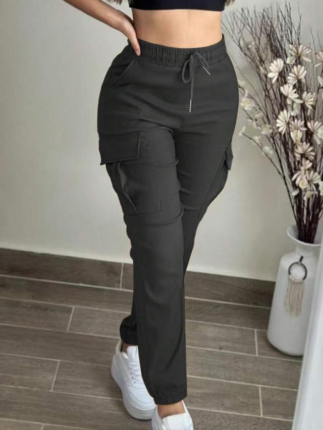 solid color simple cargo pants with elastic drawstring waist
