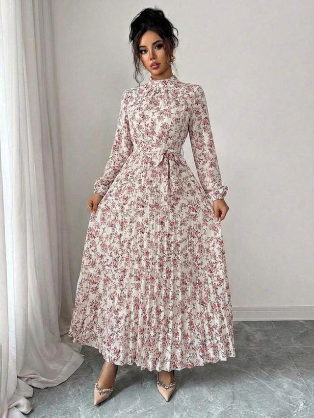 floral print long sleeve pleated maxi dress