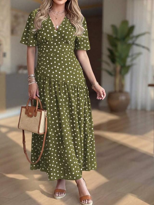 olive green polka dot v-neck midi dress