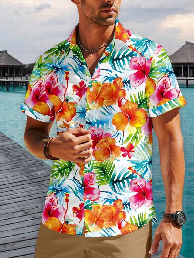 white floral watercolor tropical print short sleeve shirt