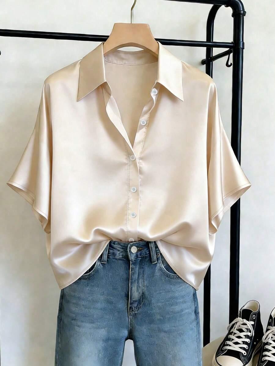 apricot satin short sleeve collared blouse