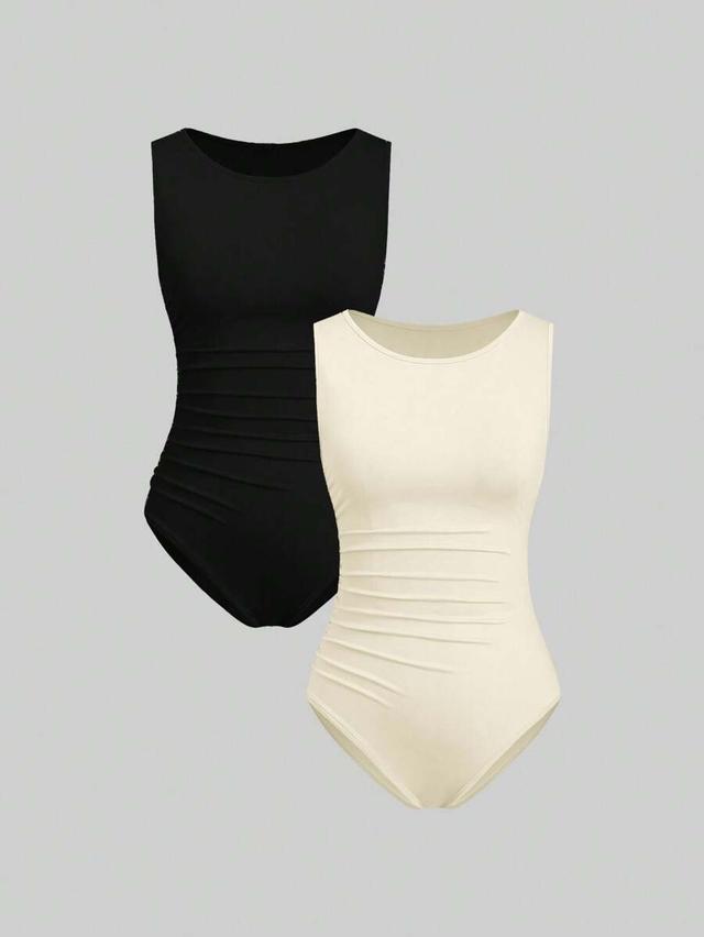 black fitted sleeveless boat neck bodysuit set