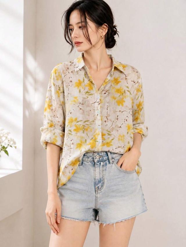 floral yellow french style yellow ditsy floral collared blouse