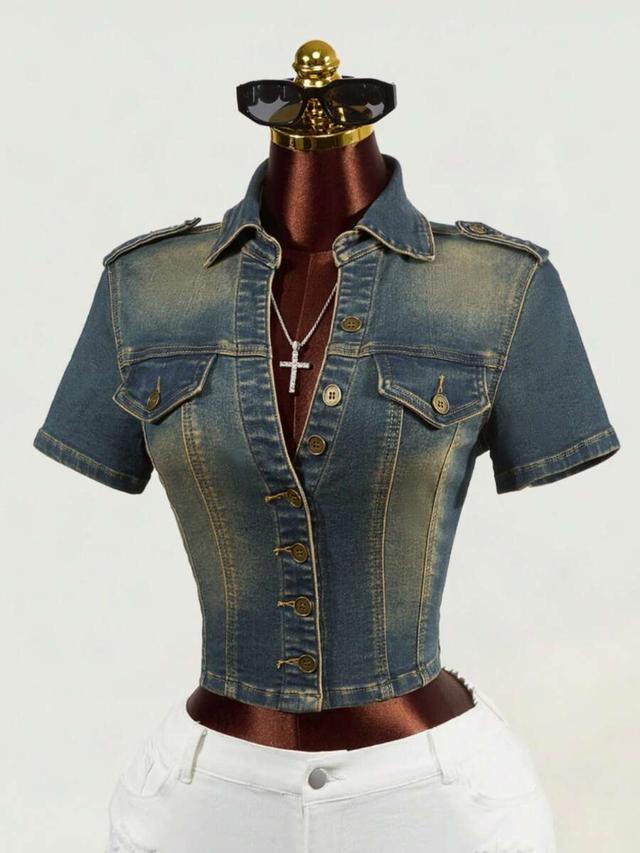 distressed denim short sleeve button up jacket