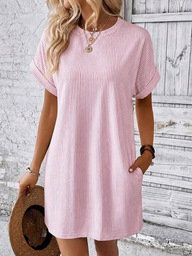pink and white striped cotton shift dress