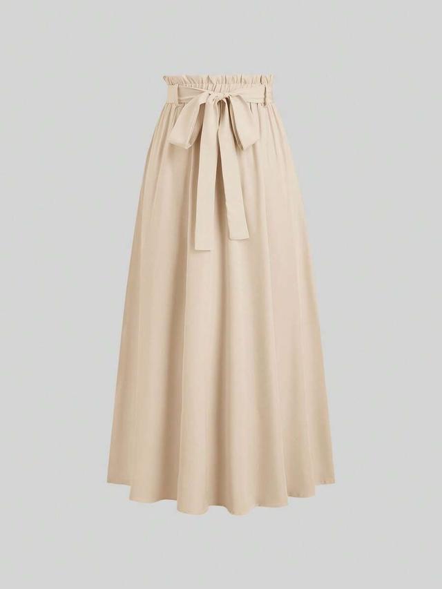 solid beige ruffled waist knotted long casual skirt