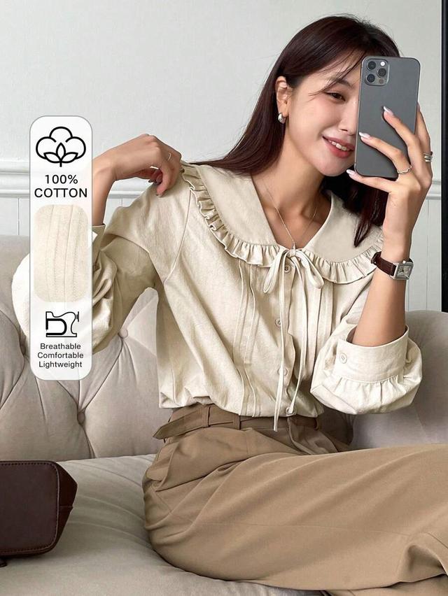 beige cotton ruffle edge tie front long sleeve shirt